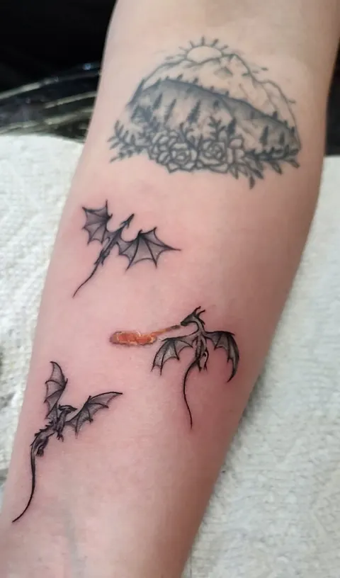 Mountain landscape with dragons and bats on the forearm, black and gray