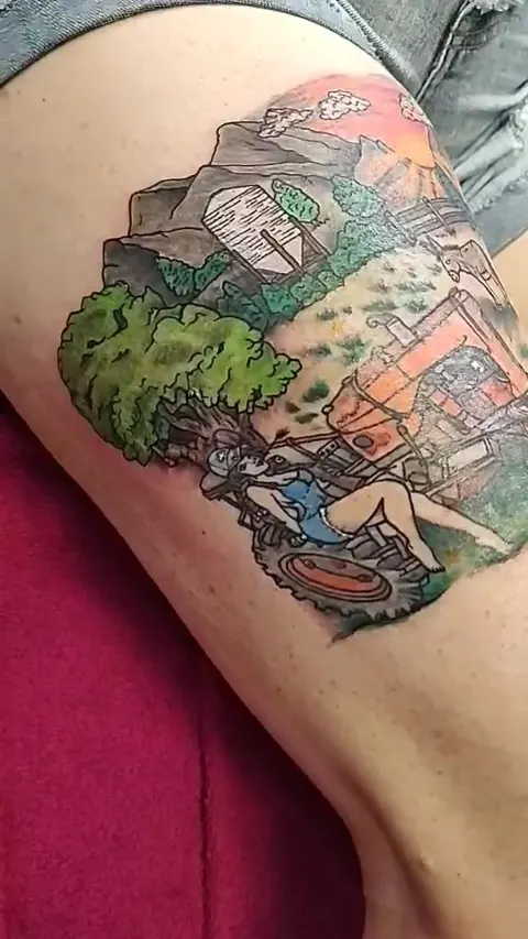 Farm scene across the thigh: tractor, barn, trees and hills, full color