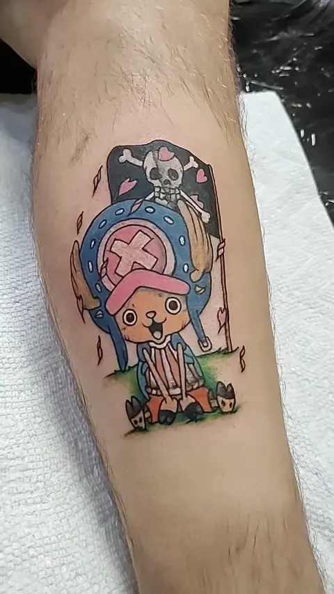 Cartoon character with a pink hat on the calf, full color