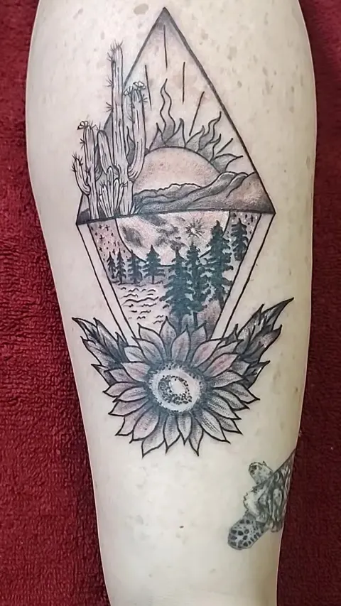 Desert scene inside a diamond on the calf: cactus, sunset, pines and a sunflower